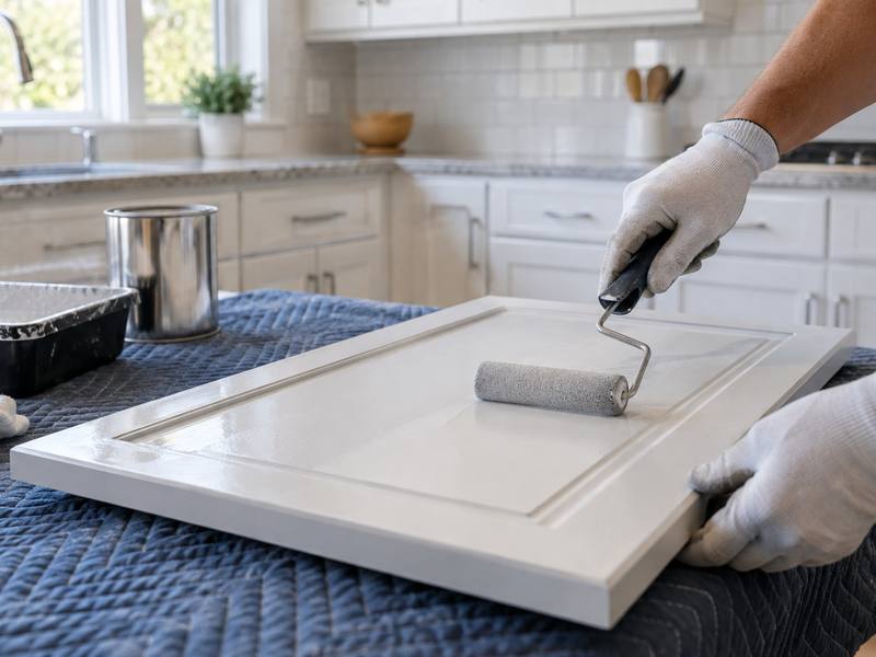 Gloved hands rolling white paint onto a cabinet door laid on a padded table.