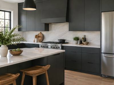 A charcoal grey slab-front modern kitchen with wood accents.