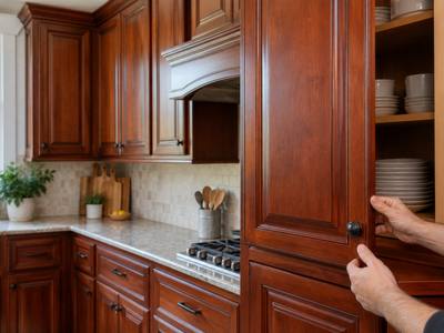 A cherry stained kitchen with raised panel doors and a dark finish.