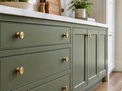 A close view of sage green drawer fronts fitted with brass knobs.