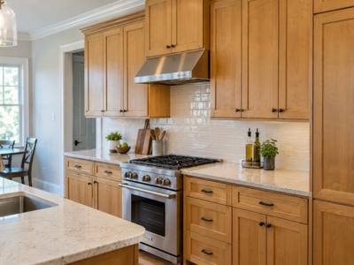 A honey maple kitchen with its original stained doors still in place.