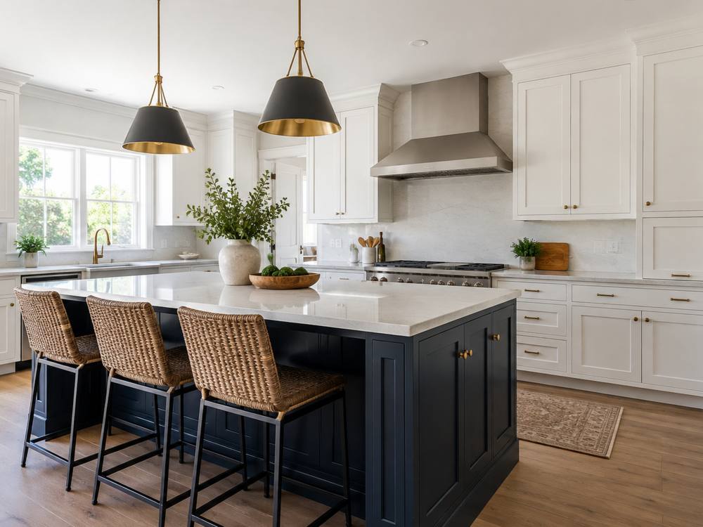Navy island with brass pulls beside white shaker cabinets in a bright kitchen.
