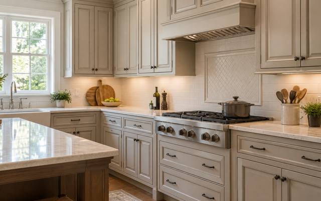 A close view of warm greige painted vanity doors with brass knobs.