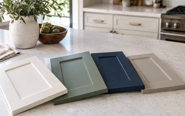 Three painted sample doors in green, navy and white laid on a counter.