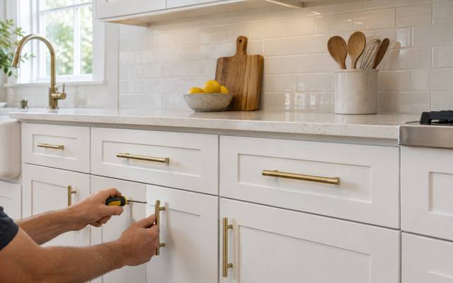 Brass bar pulls mounted on white shaker cabinet doors.