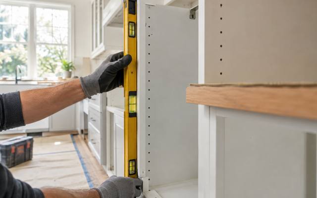 An installer holding a level while fitting a cabinet box.