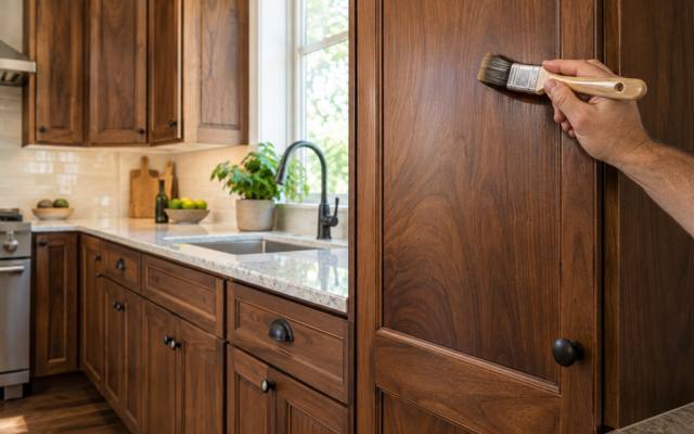 A dark walnut stained kitchen with the wood grain showing through the clear coat.