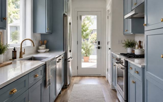A blue-grey painted galley kitchen in a condo unit.