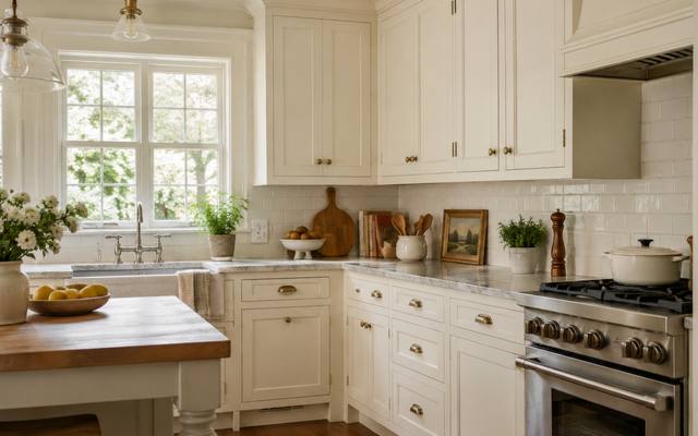 A cream painted cottage kitchen with wood countertops near Lake Simcoe.