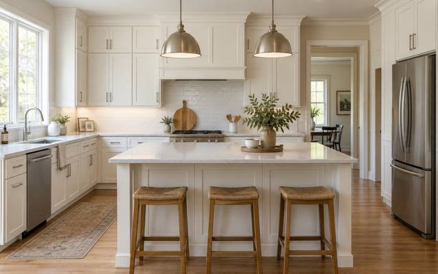 A bright white shaker kitchen with an island and a range after cabinet painting.