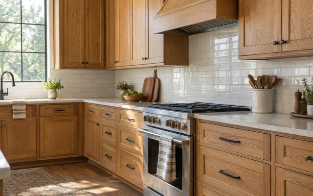 A golden oak kitchen in Barrie photographed before painting began.