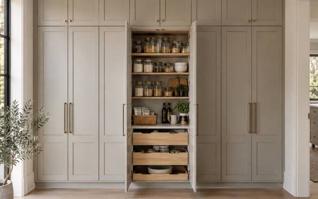 Light grey painted pantry cabinets with pull-out shelves inside.