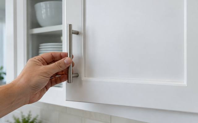 A hand checking the smooth sprayed finish on a white cabinet door.