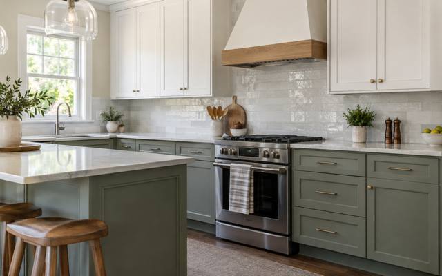 A two-tone kitchen with light upper cabinets over darker lower cabinets.