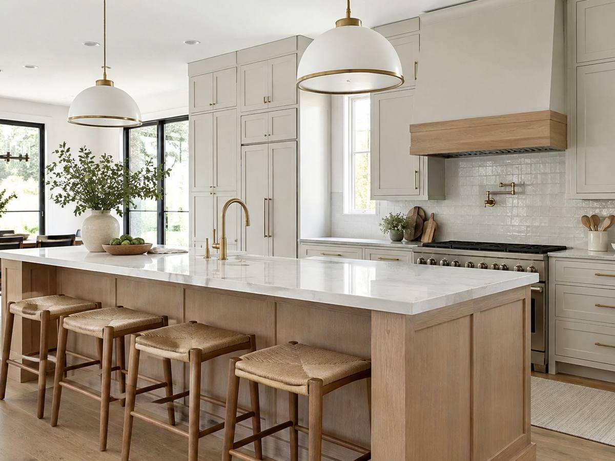 An open-plan kitchen with a painted island and pendant lights hanging above it.
