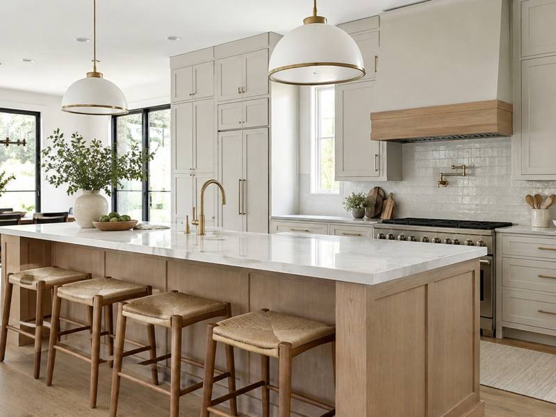 An open-plan kitchen with a painted island and pendant lights hanging above it.